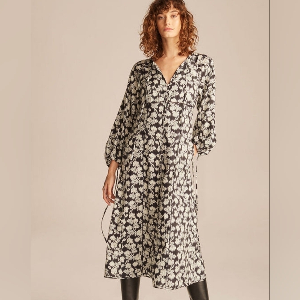 Rebecca Taylor Women's Button Down Floral Print Quarter Sleeve Midi Dress Size S